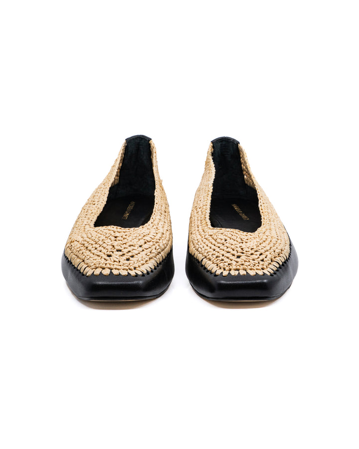 Dakota Raffia Black Leather Flat