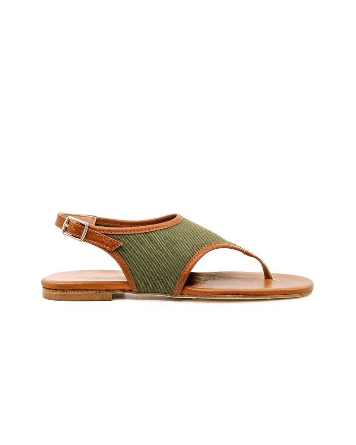 Dani Olive Canvas / Cognac Leather Flat Sandal