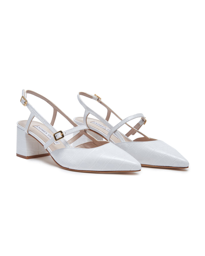 Iman White Faux Croc Slingback
