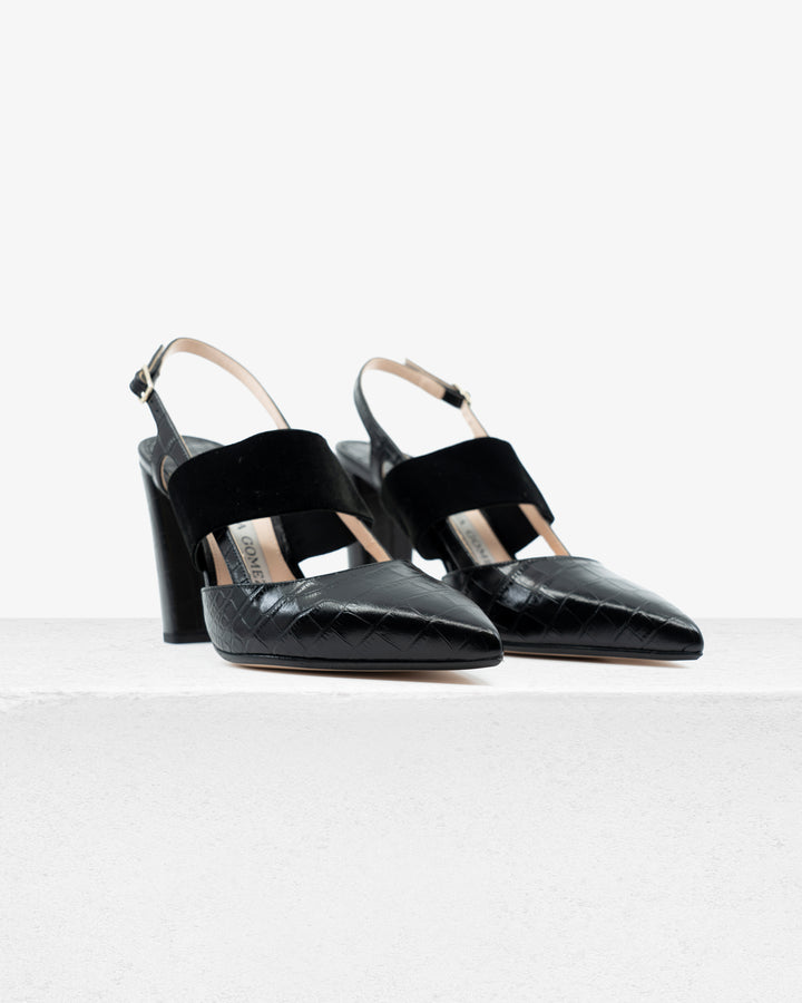 Grace Black Faux Croc Leather Slingback